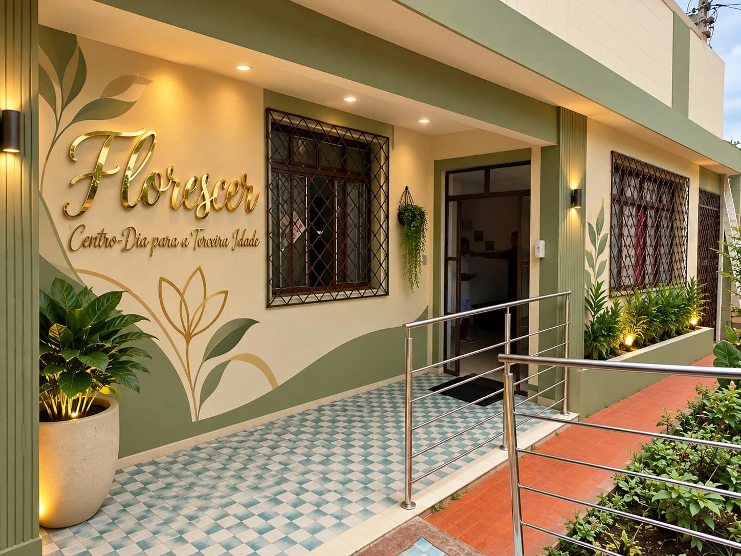 Entrada da Mavité Florescer com rampa, corrimão e plantas
