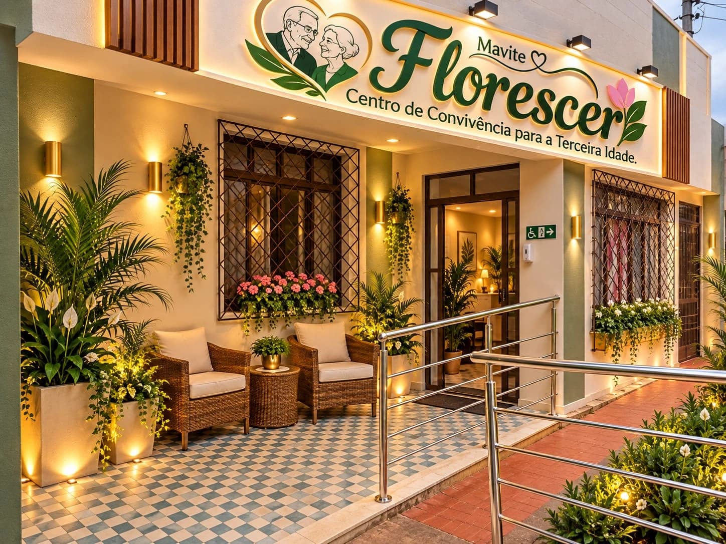 Fachada da Mavité Florescer com jardim e rampa de acesso